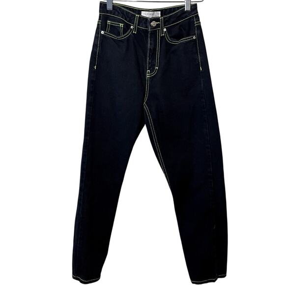 Topshop Mom Black W/ Bright Green Threading High Waisted Straight Leg Jean Sz 25 - Picture 1 of 11
